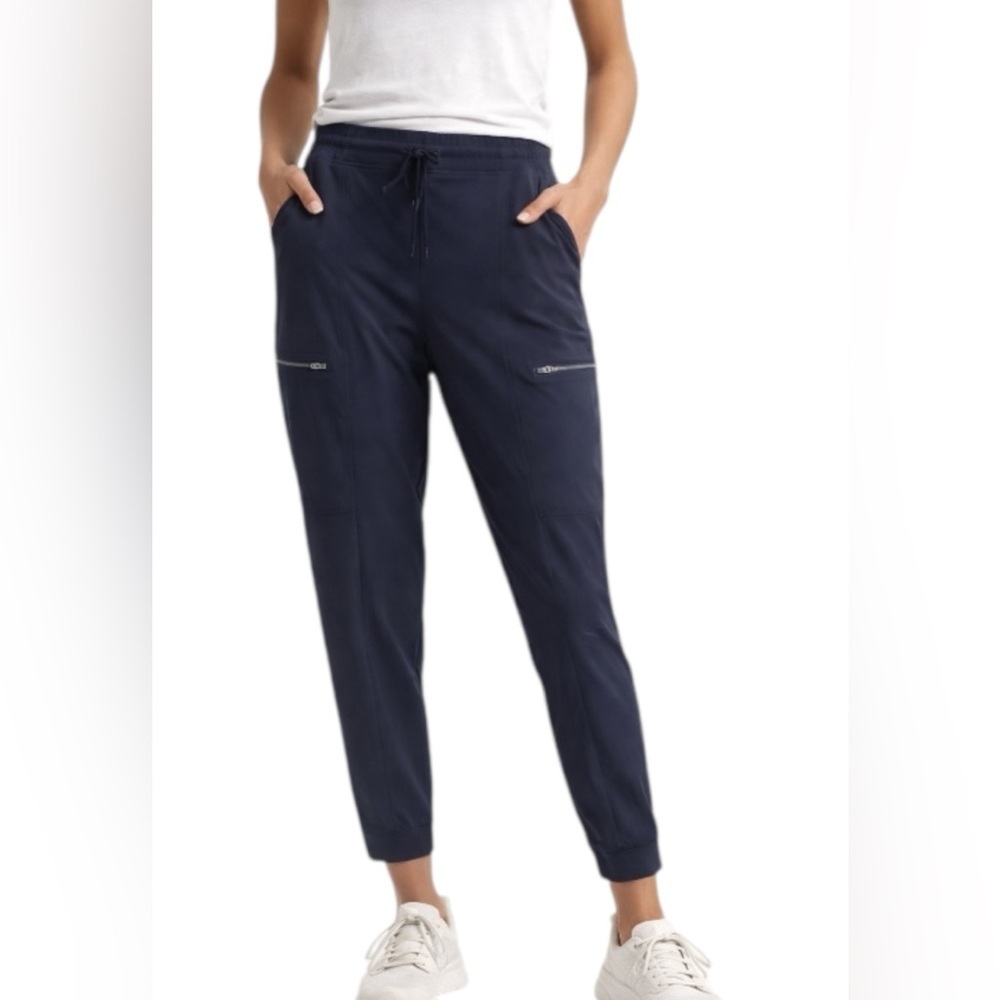 Athleta Navy Blue Drawstring Jogger Pants Zip Pocket Stretch Size 6